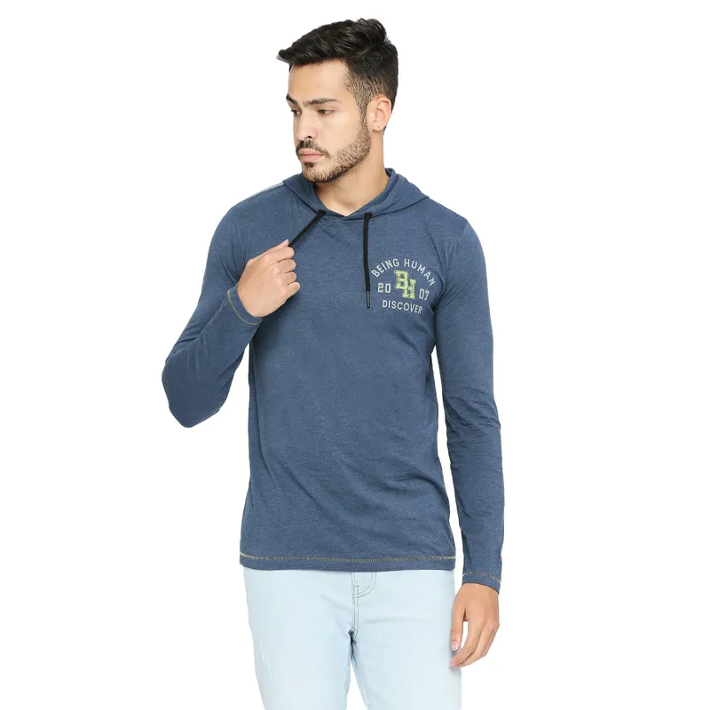 Being Human Regular Fit Men Hooded T-Shirts-Ocean Blue